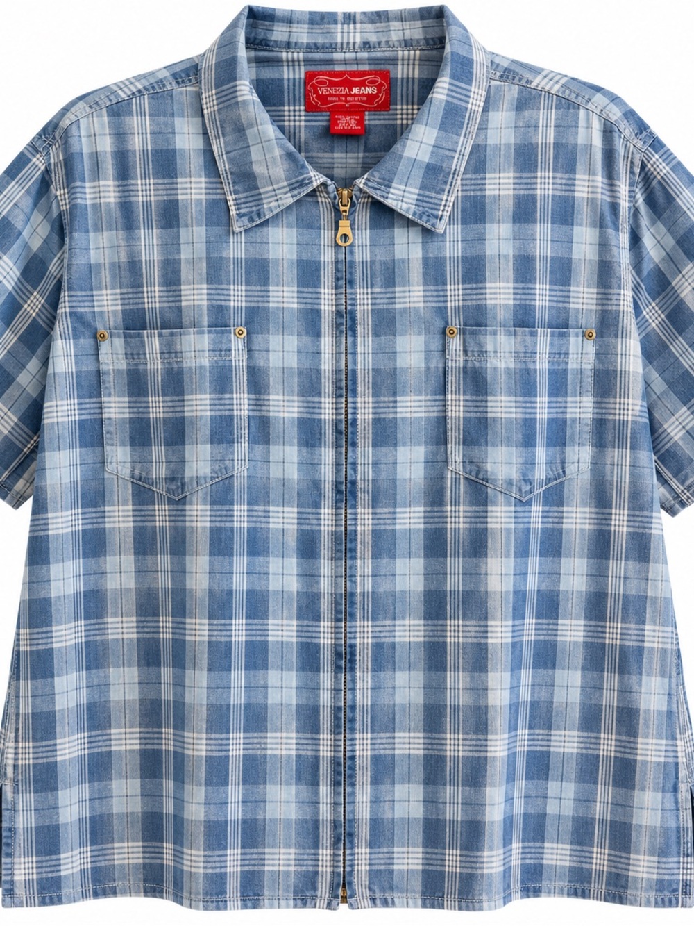 Venezia Jeans Women's Blue Plaid Short Sleeve Zip Front Shirt Plus Size 26/28